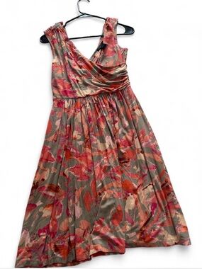 Ann Taylor Floral Wrap Midi Dress in Coral, Taupe and Pink